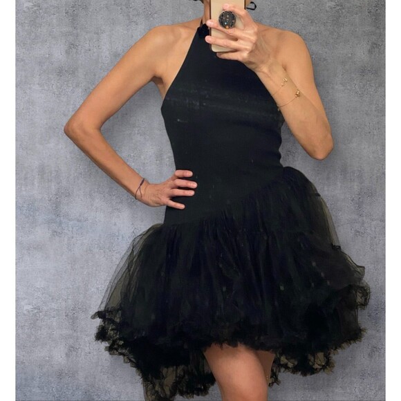 Edge Tulle Black Dress M Halter Neck Open Back Balletcore Fairy Whimsygoth Sexy - Picture 1 of 12